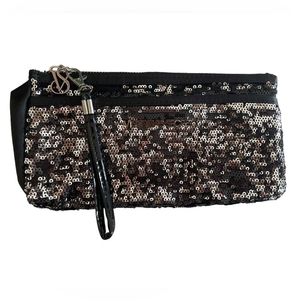 Victoria's Secret Black and Silver Sequin Double Zip Clutch Wristlet